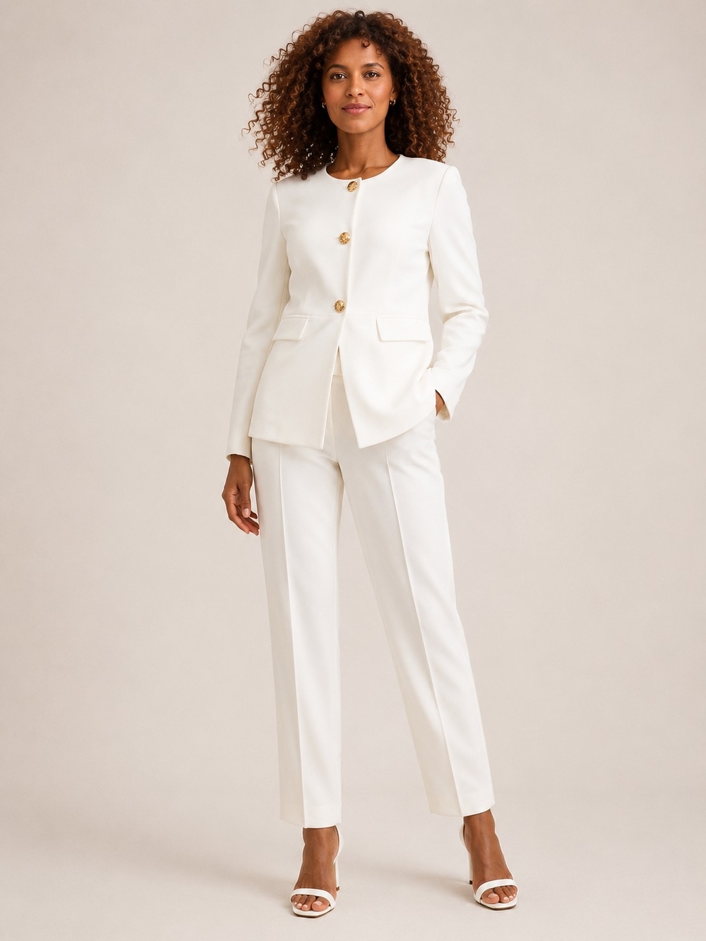 Kasper Women's White Tailored Pantsuit with Gold Buttons